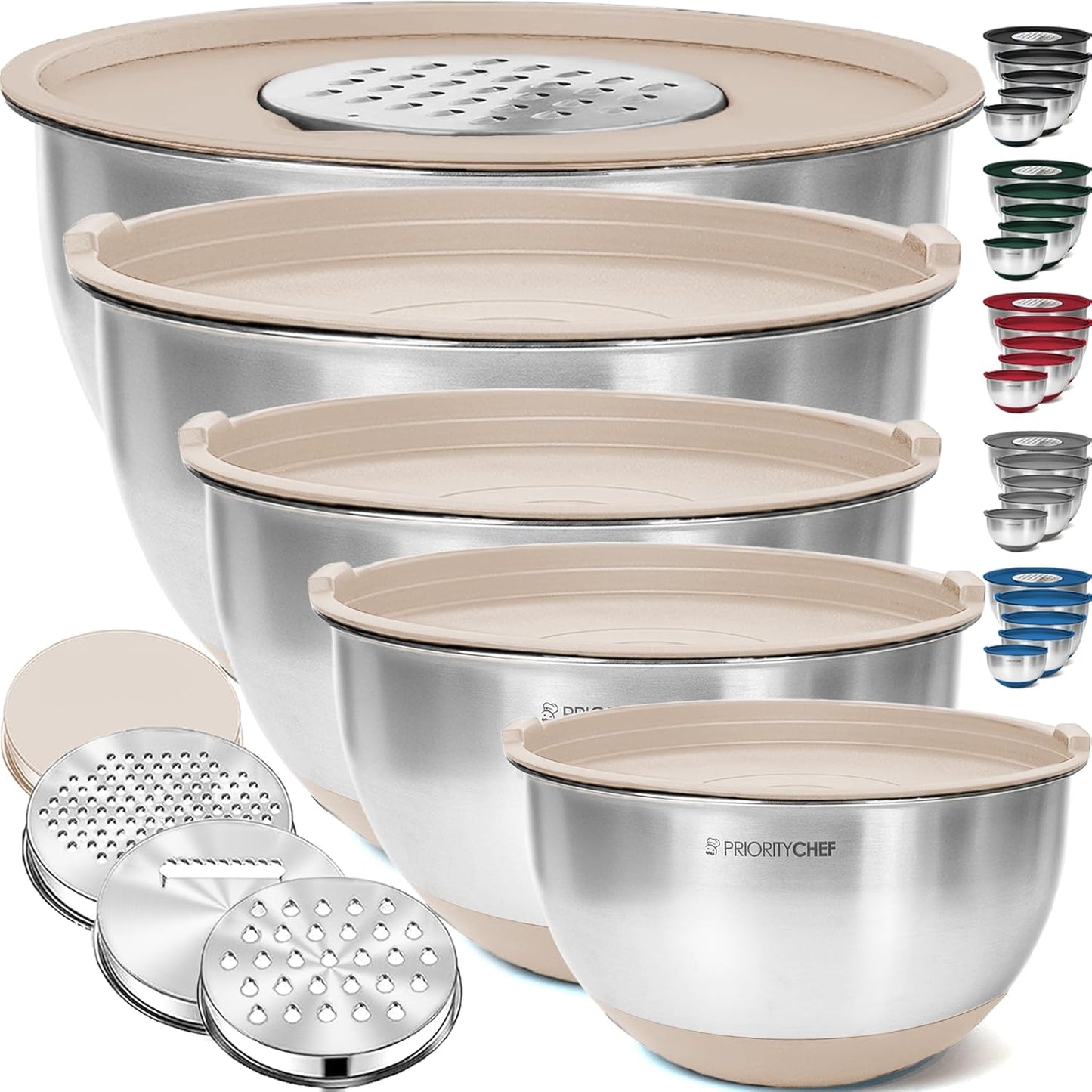 Priority Chef Stainless Steel Mixing Bowls with Lids Set, 3 Grater Attachments, Airtight Lids, Non-Slip Silicone Base Mixing Bowl Set, Large Prep Metal Mixing Bowls for Kitchen, Khaki