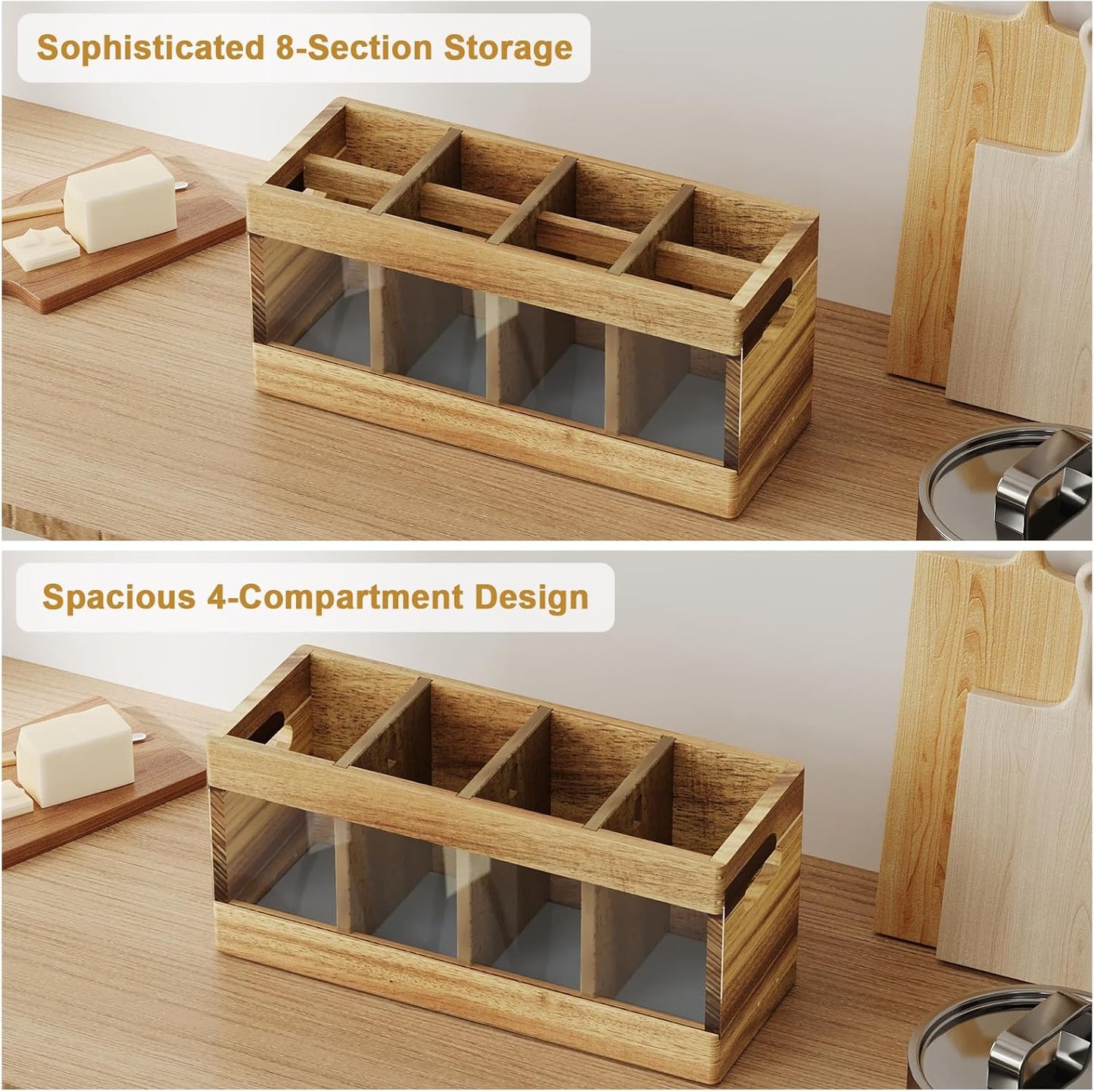 Acacia Rustic Wood Utensil Holder, Extra Large Cooking Holder with Drying Stone Base and 8 Compartments, Farmhouse Kitchen Countertop Organizer