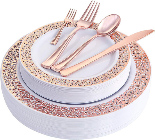 WDF150PCS Rose Gold Plastic Plates with Plastic Silverware
