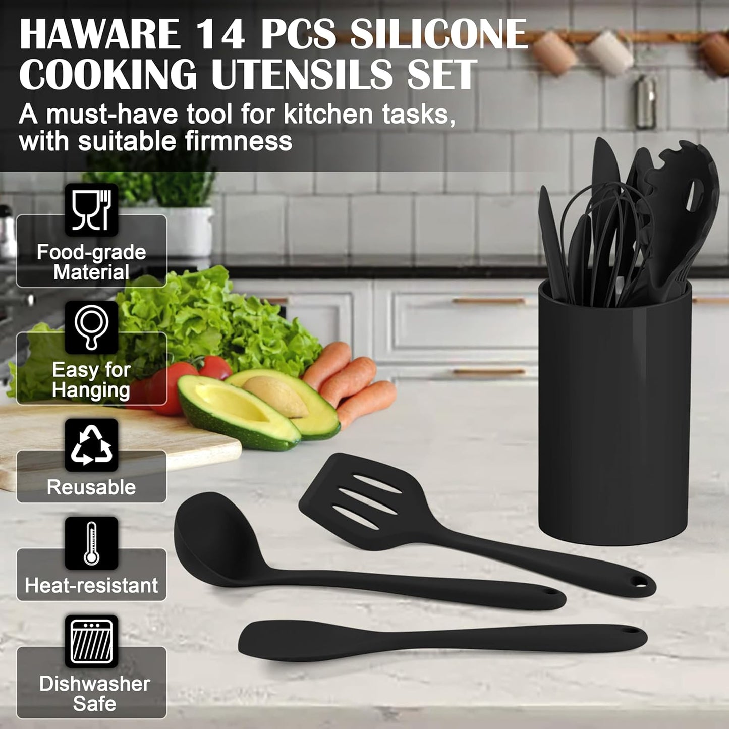 HaWare Kitchen Utensils, 14 PCS Silicone Cooking Utensils Set, Heat Resistant Kitchen Utensils for Non-stick Cookware, Kitchen Gadgets Tools with Spoons, Spatulas, Whisk, Dishwasher Safe (Black)