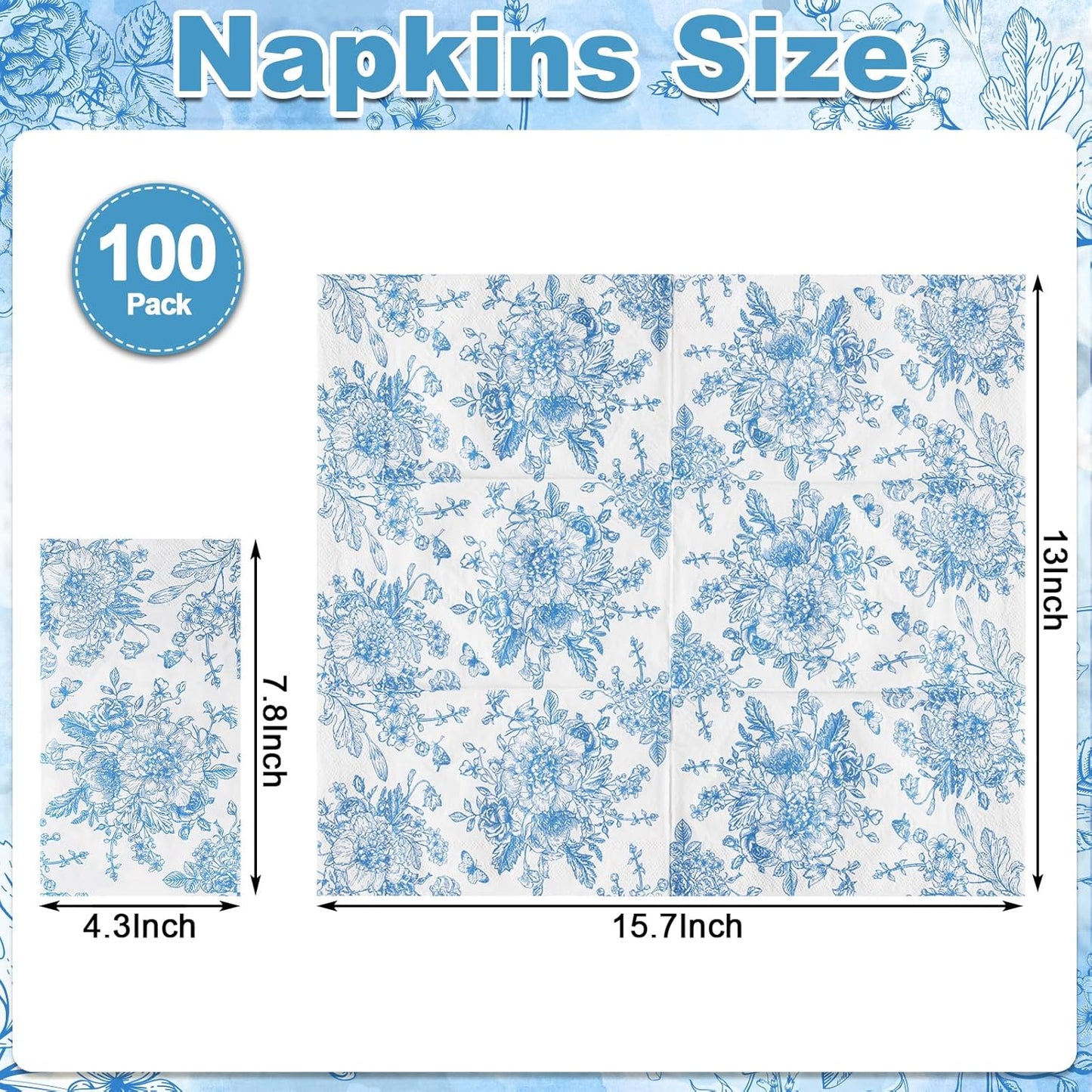 100 Pcs Blue Floral Guest Napkins Disposable Hand Towels for Bathroom Blue and White Paper Napkins Decorative Toile Napkin Chinoiserie Napkin for Wedding, Bridal & Baby Shower, Tea Party