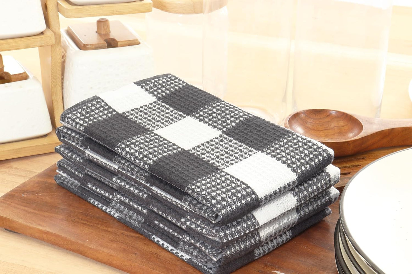 PurpleEssences 100% Cotton Waffle Weave Check Plaid Kitchen Towels, Super Soft and Absorbent Dish Towels for Drying Dishes 15 x 25-6 Pack - Fall Thanksgiving - Steel Grey and White