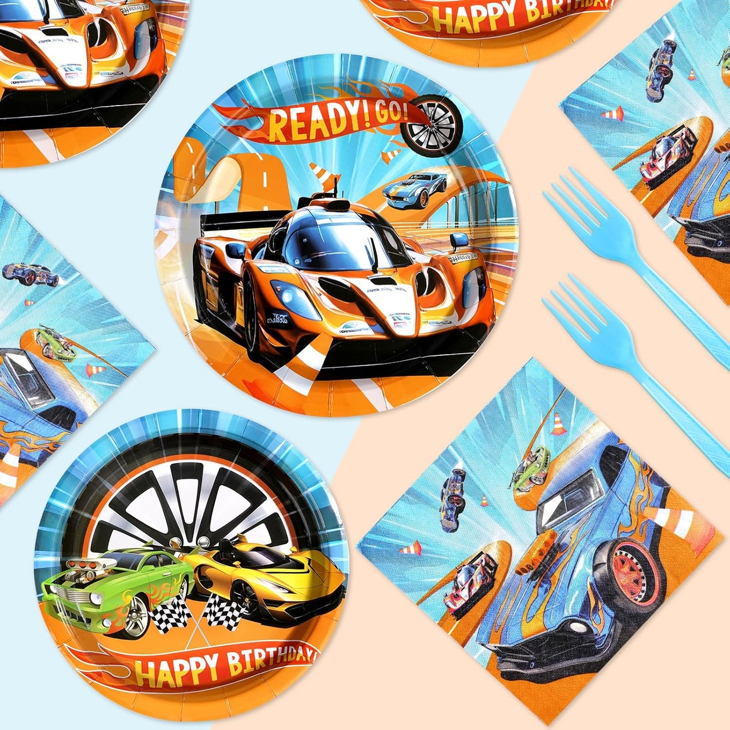 96 Pcs Racing Car Party Supplies Hot Car Tableware Set Disposable Racing Car Plates Napkins Forks Hot Car Birthday Decorations for Kids Boys Birthday Party Race Sports Serves 24