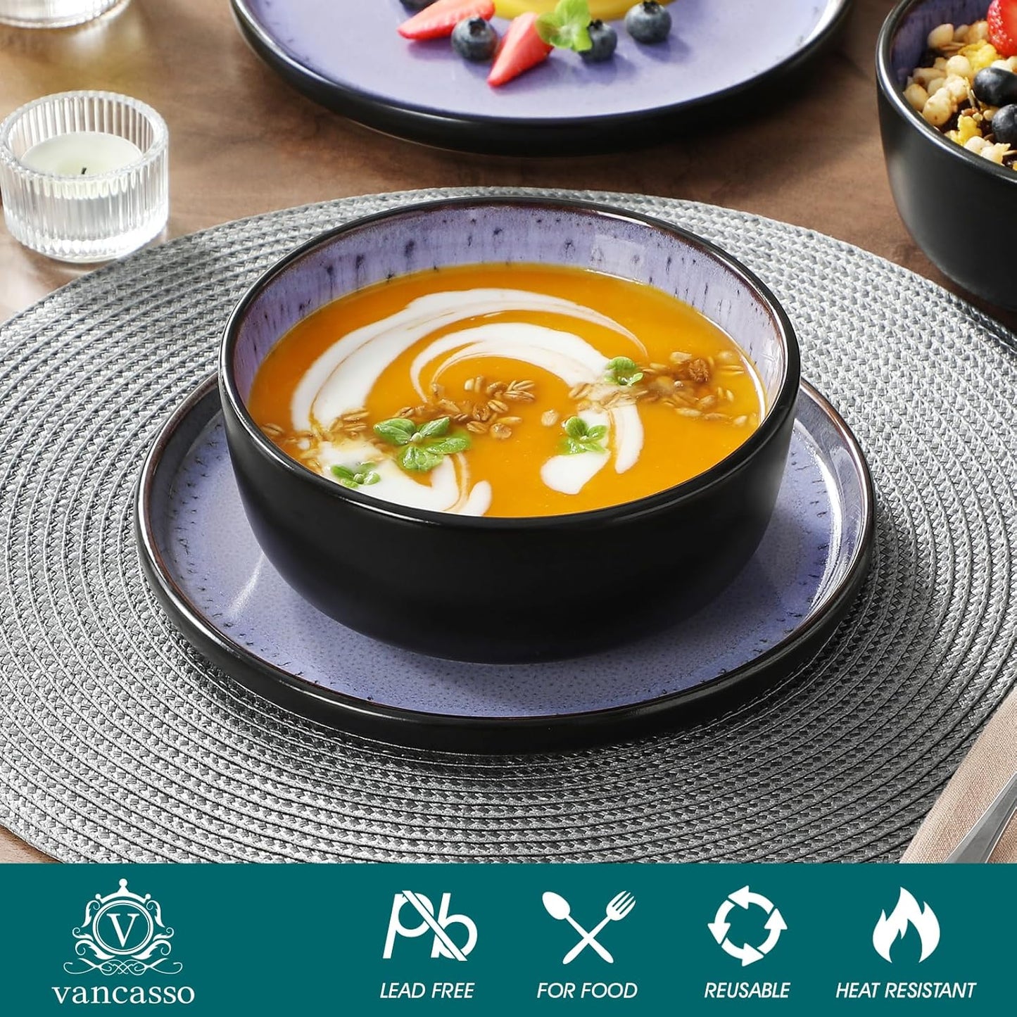 vancasso Plates and Bowls Sets, 18 Pieces Stoneware Dinnerware Sets for 6, Kitchen Dish Set Mircowave and Dishwasher Safe Dinner Set Ceramic Dishware, Light Purple, Series AMBER