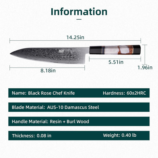FINDKING 8 Inch Japanese Professional Chef Knife, Damascus Kitchen Blade for Sharp, Sturdy Cuts & Daily Cooking (BLACK-ROSE Series)