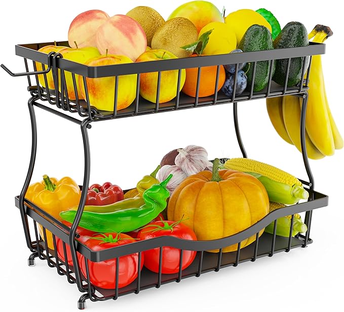2 Tier Fruit Basket for Kitchen Counter with 2 Banana Hangers, Large Metal Fruit Bowl for Onion Vegetable Bread Snack, Countertop Organizer – Black, 14.5" W x 9.5" D