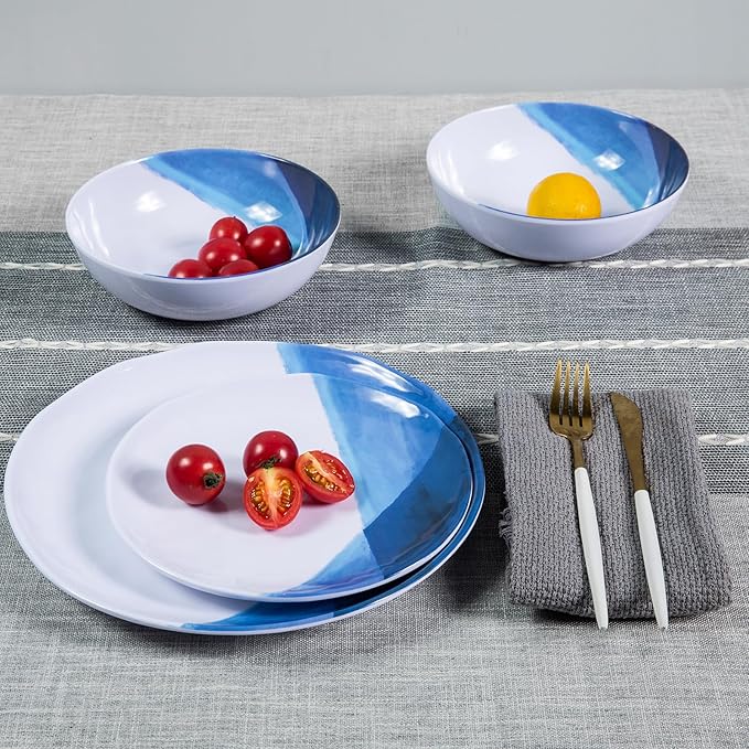 Melamine Plates and Bowls Set - 12pcs Dinnerware Dishes Set for 4, Dinner Plates for Indoor and Outdoor Use, Lightweight Break-resistant, Blue & White