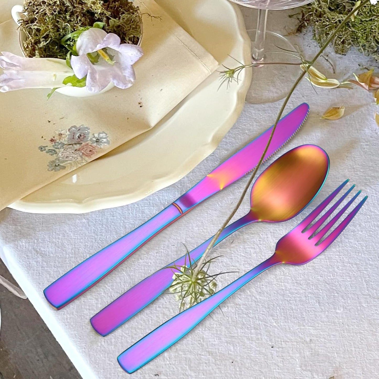 Matte Rainbow Silverware Stainless Steel Flatware Set for 6 Colorful Cutlery Set 30 pieces Include Forks Spoons and Knives for Kitchen Home Restaurant Satin Finish Square Edge Handle