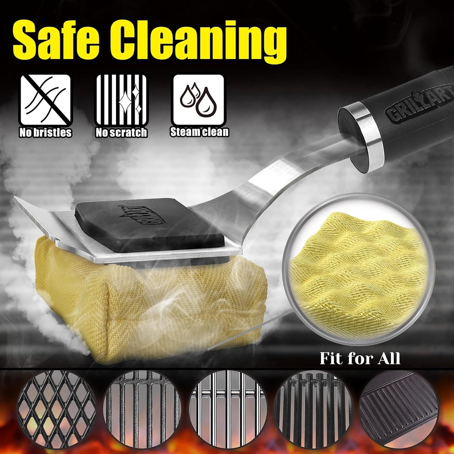 GRILLART Grill Brush for Outdoor Grill Bristle Free - Reinforced Grill Cleaner Scraper BBQ Brush - Replaceable Head Barbecue Grill Cleaning Brush - Safe BBQ Accessories Grill Tools - Gifts for Men/Dad