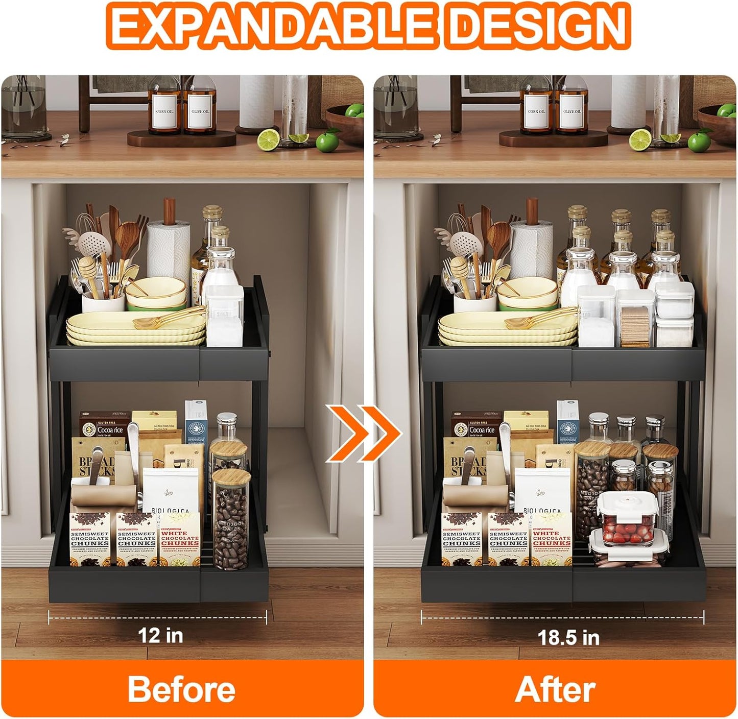 Golener Pull Out Cabinet Organizer - 2 Tiers Expandable Pull-Out Drawers for Kitchen Cabinets, 2 Slide Metal Home Storage Organizers, Slide Out Shelves for Base Cabinet Organization in Kitchen, Black