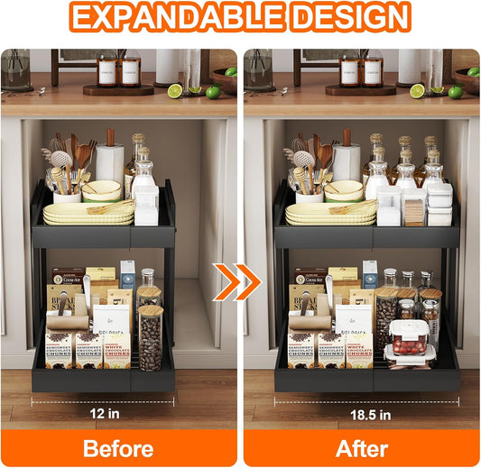 Golener Pull Out Cabinet Organizer - 2 Tiers Expandable Pull-Out Drawers for Kitchen Cabinets, 2 Slide Metal Home Storage Organizers, Slide Out Shelves for Base Cabinet Organization in Kitchen, Black