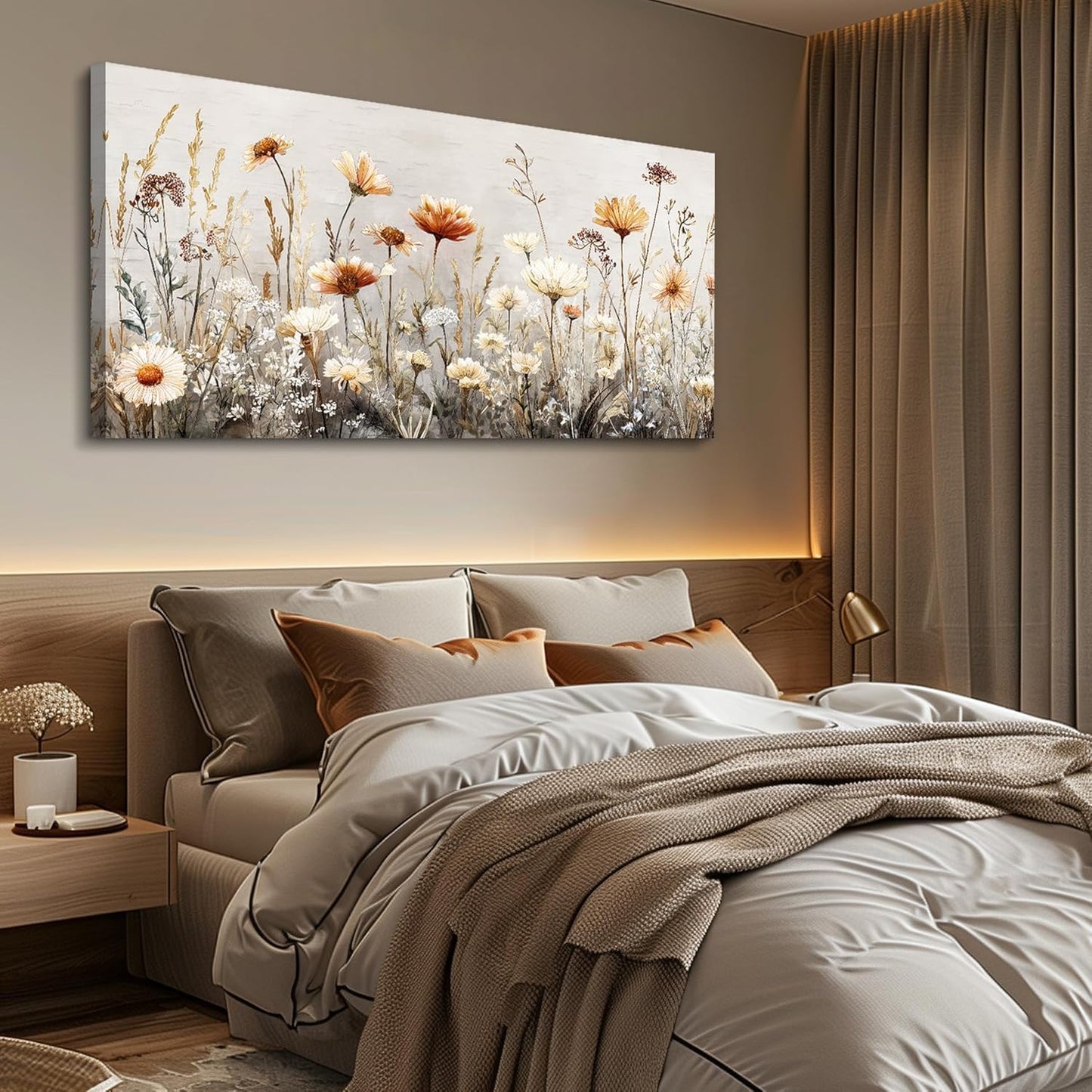 QIYILEXWART Canvas Wall Art For Living Room Large Wall Decor For Office Bedroom Decorations Neutral Wildflower Landscape Pictures Farmhouse Painting Artwork Room Wall Mural Home Decor 30x60 In