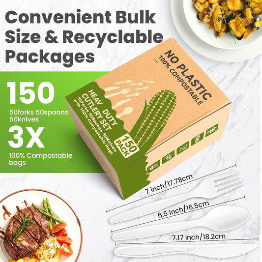 Heavy Duty Compostable Utensils Set (150Pack), Eco-Friendly Heavyweight No-Plastic Forks, Spoons, Knives Cutlery Set - 100% Disposable Cornstarch Flatware for Lounge Party Wedding BBQ Picnic Camping