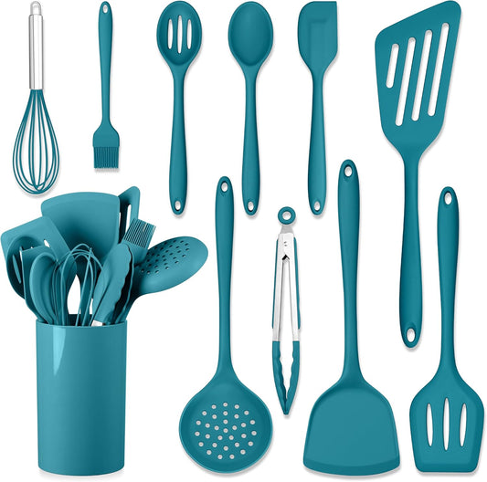 HaWare 11 PCS Silicone Cooking Utensils Set, Heat Resistant Kitchen Utensils with Holder, Food-grade Spatula Sets for Nonstick Cookware, Kitchen Tools Gadgets Include Fish Turner, Spoon (Blue)