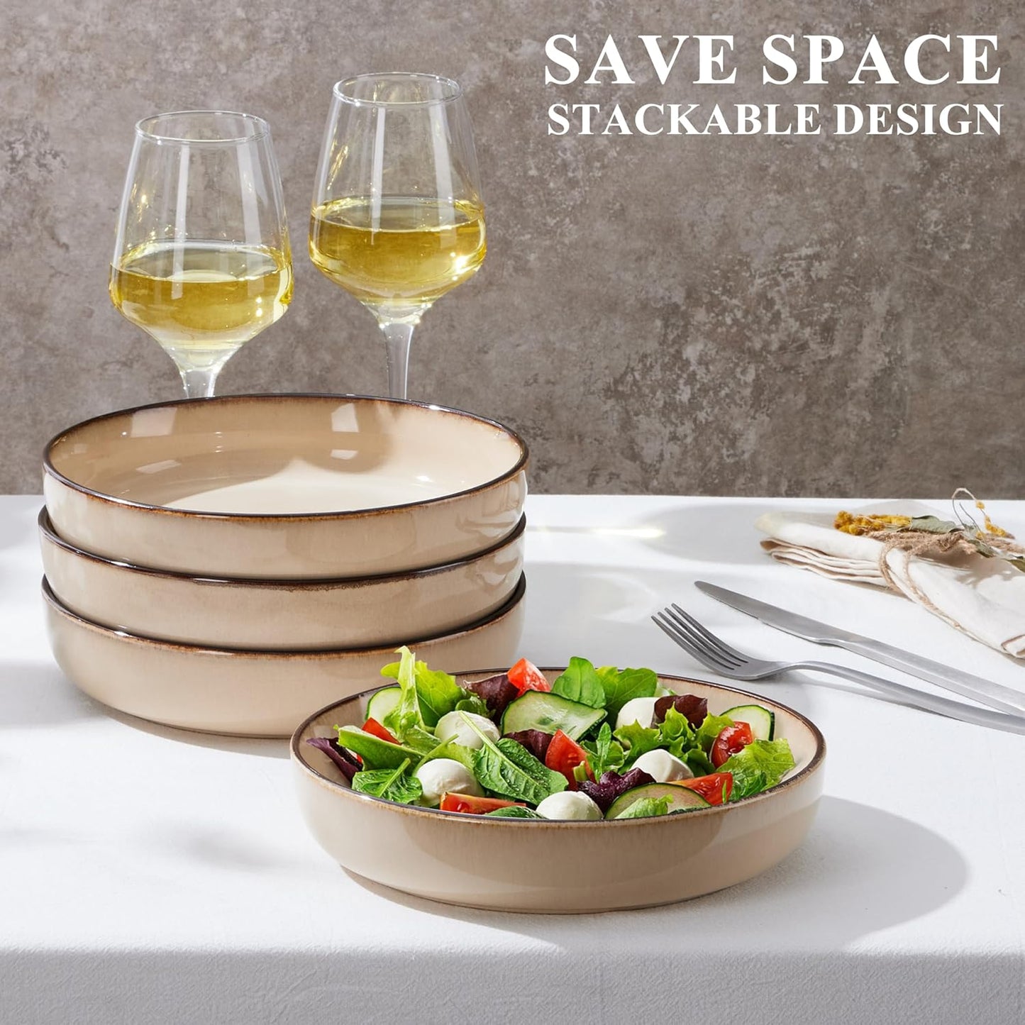 E-far Pasta Bowls Set of 4, 35oz Large Salad Bowls for Serving, Wide and Shallow Ceramic Plates for Kitchen, Double Reactive Glaze, Microwave and Dishwasher Safe, Sandy Beige
