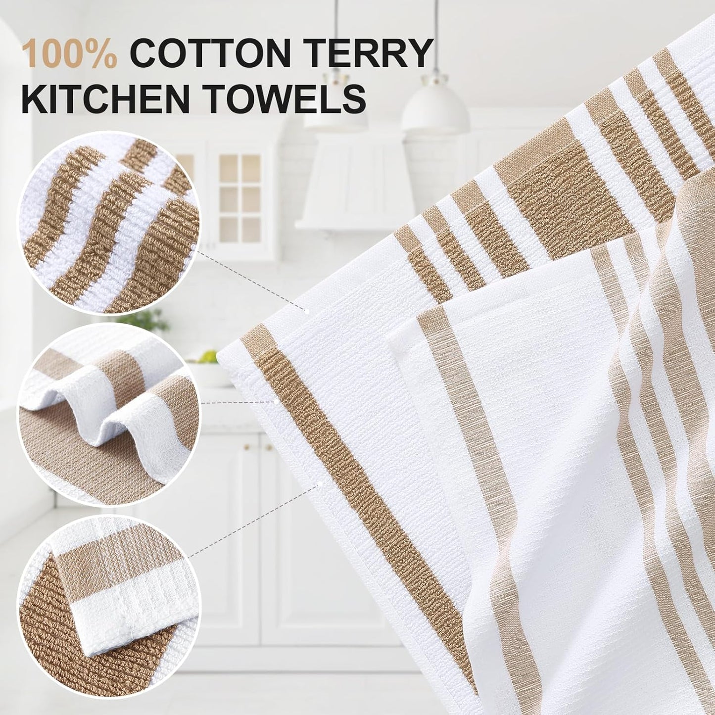 Homaxy Premium Kitchen Towels 18”x 28”, Large Cotton 380 GSM Kitchen Hand Towels, Stripe and Terry Dish Towel, Highly Absorbent Tea Towel Set with Hanging Loop, 8 Pack, Khaki