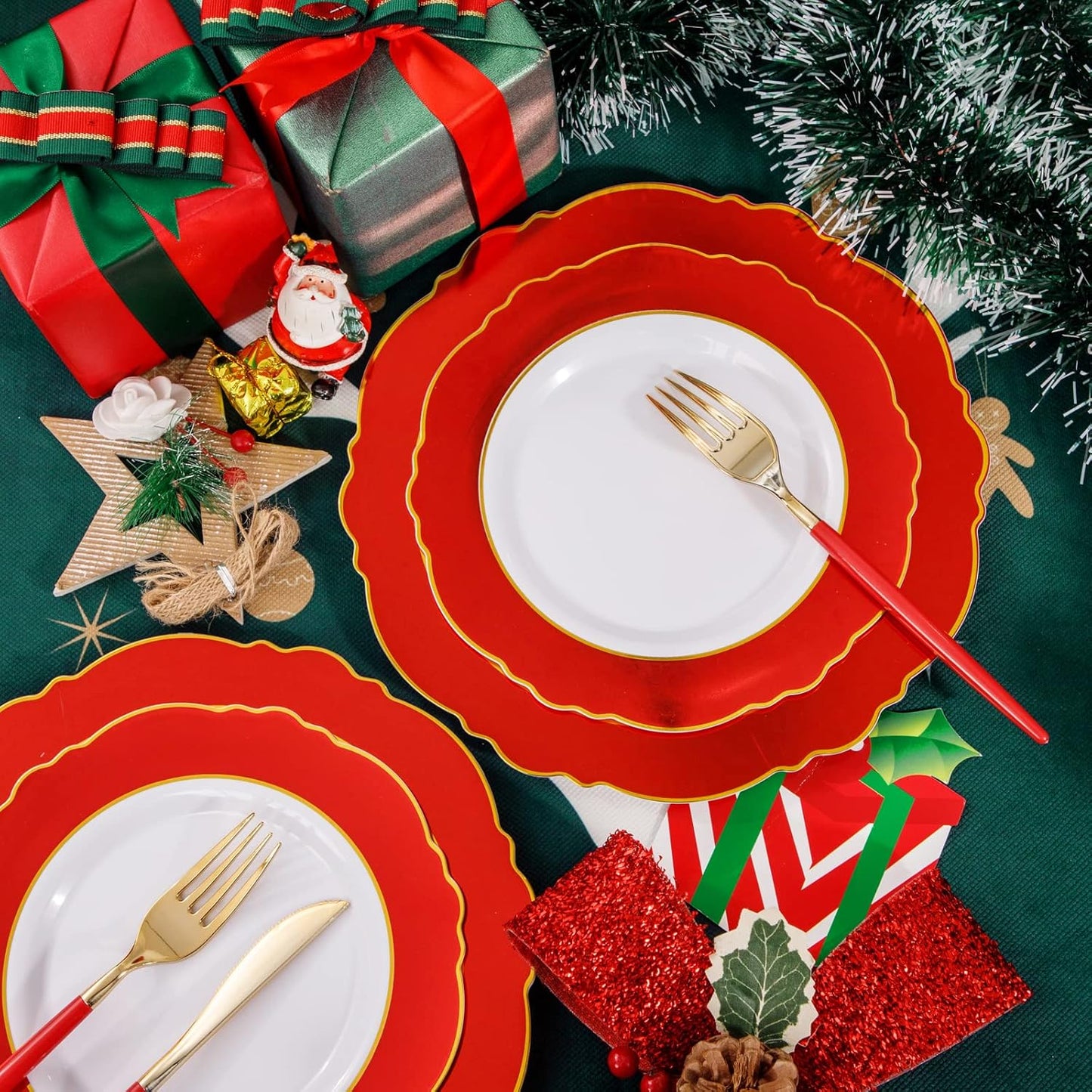 WDF 30Guest Red 4th of July Plates - Gold Plastic Silverware With Red Handle - Christmas Plates Disposable- Baroque Plastic Dinnerware for 4th of July