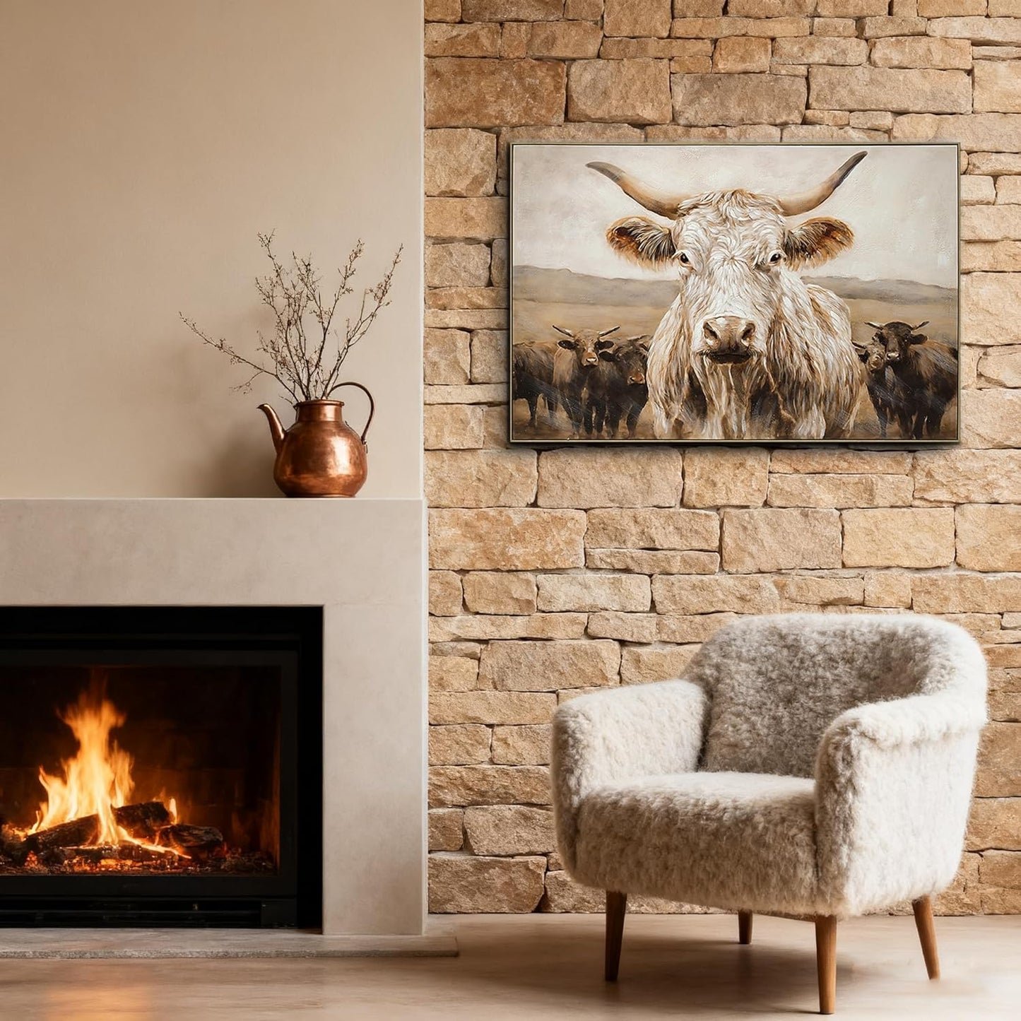 YPGEAME Modern Farmhouse Decor, Highland Cow Wall Art , Rustic Farmhouse Oil Painting with Wood Frame, Scottish Cattle Landscape on Canvas, Countryside Decor for Living Room, Kitchen, Cabin, 32*48 in