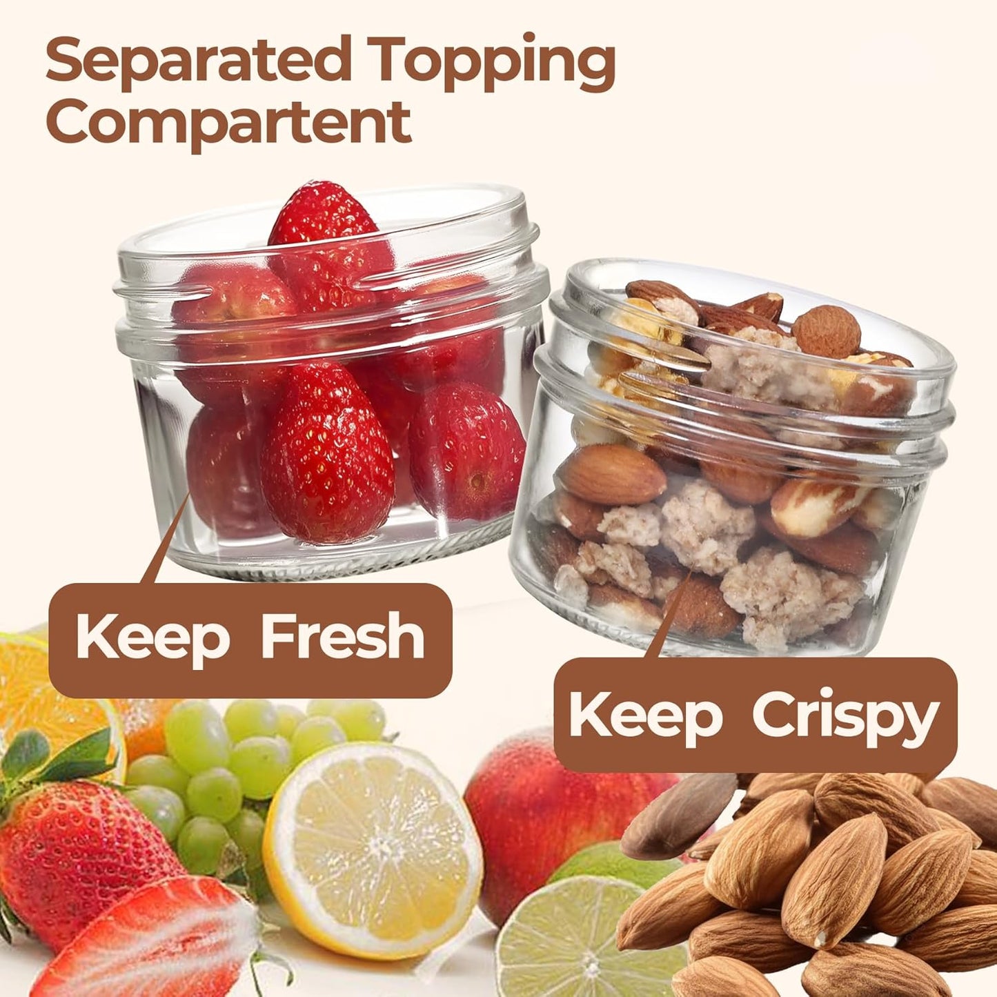 ComSaf 2-Pack 16 oz Overnight Oats Containers with Lids, Dual-Laryer Chia Pudding Jars with Dry and Wet Separation, Yogurt Parfait Cups for Oatmeal Cereal Nut Fruit, Meal Prep Glass Jars for Salad