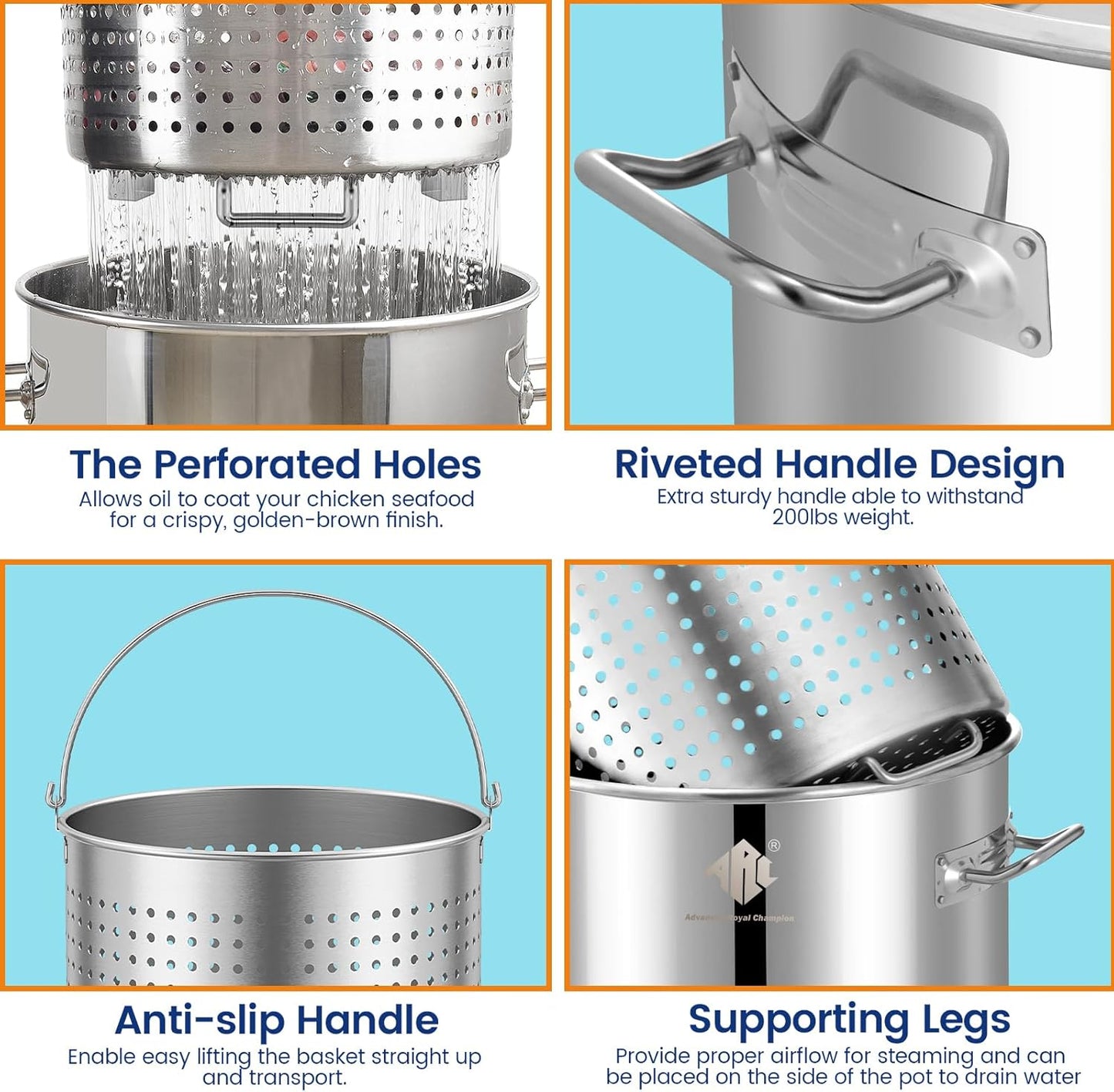 ARC Advanced Royal Champion 40QT Stainless Steel Stockpot for Seafood Crawfish Crab Boil Turkey Fryer Pot with Basket Divider and Hook, Crab Lobster Shrimp Outdoor Cooking and Home Brewing