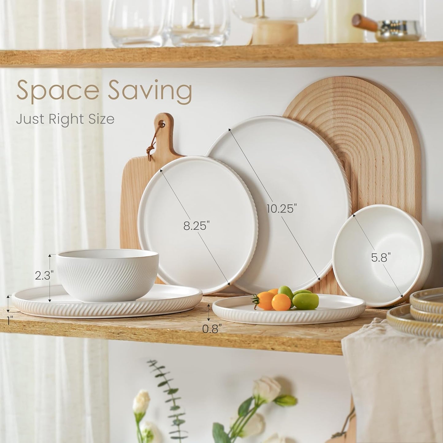 Earthsong Dinnerware Sets for 4, 12-Piece Ceramic Plates and Bowls Set, Dishwasher and Microwave Safe Stoneware Dishes Set, Ribbed, Snowcrest White