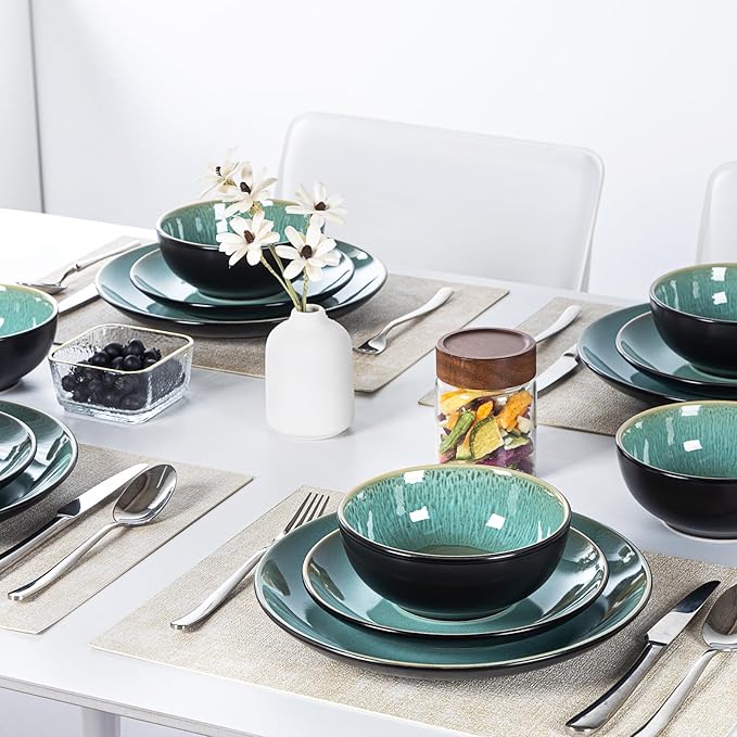 Plates and Bowls Sets for 4 - CJDC-QUELO 12-Piece Stoneware Dinnerware Sets, Ceramic Dishware Set for Kitchen Use and Formal Dining, Chip and Scratch Resistant Microwave Dishwasher Safe, Green