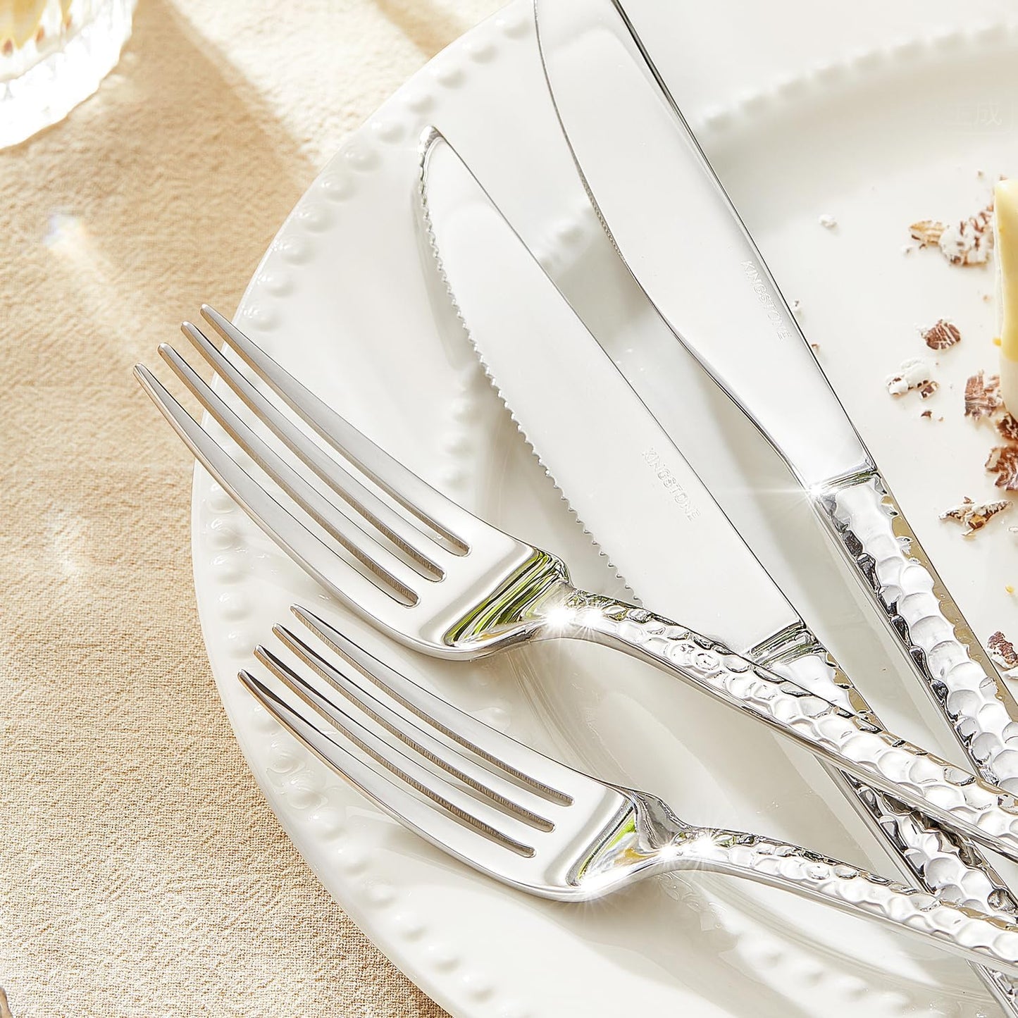 KINGSTONE 36 Piece Silverware Set with Steak Knives, Hammered Silverware Set for 6, 18/10 Stainless Steel Flatware, Cutlery Set for Home, Party, Wedding, Mirror Polished Dishwasher Safe