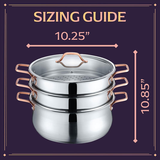 CONCORD Premium Stainless Steel 3 Tier Steamer w/Rose Gold Handles 26 cm