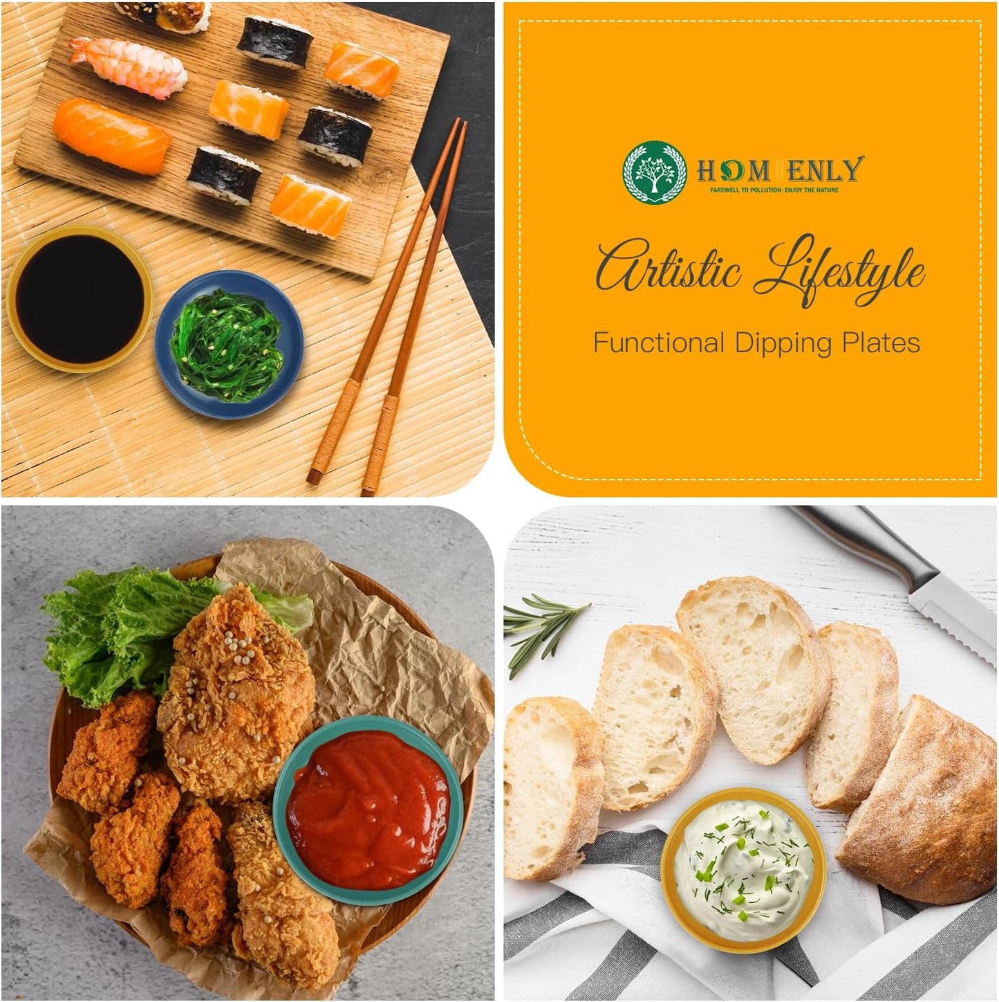 Homienly Plastic Dipping Plates Set of 8-4 inch Wheat Straw Plates Soy Sauce Dish & Bowl, Small Dipping Sauce Bowls, Mini Appetizer Plates for Side Dishes, Condiment,BBQ and Party Dinner - MultiColor