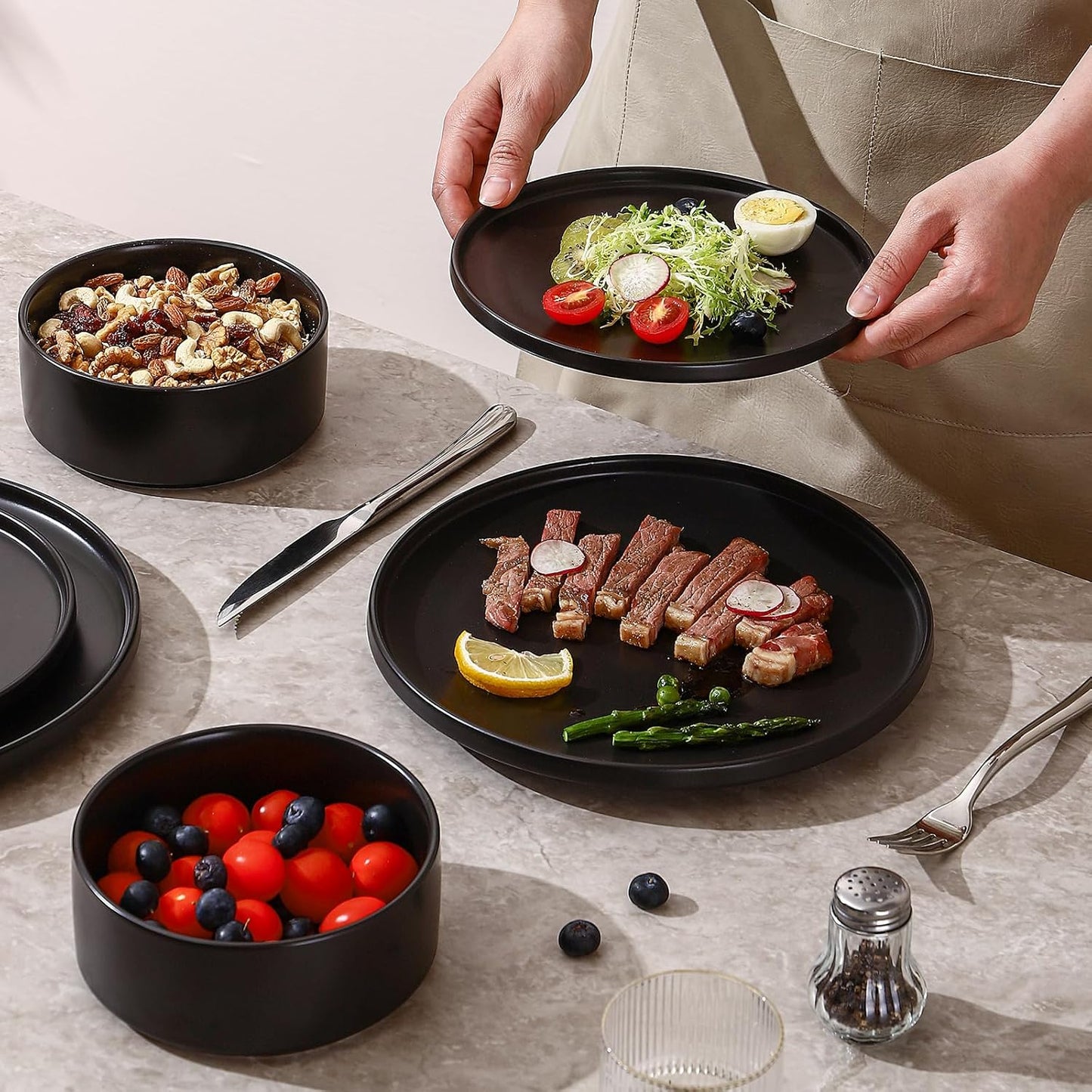 GZG Classic Series - Plates and Bowls Set for 8, 24 Piece Stoneware Dinnerware Sets, Microwave and Dishwasher Safe Lead-Free Handcrafted Ceramic Dishes Set - Matte Black