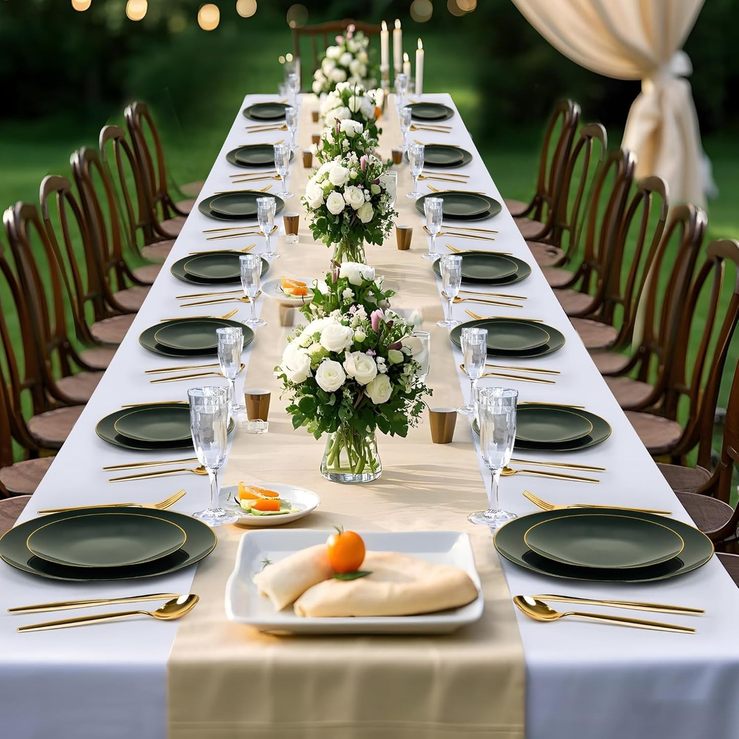 I00000 150Pcs Green Plastic Plates with Gold Rim, Fancy Christmas Plates,Green Disposable Plates Set include 30 Dinner Plate,30 Dessert Plate, 90 Plastic Silverware Set for Christmas,Party,Wedding