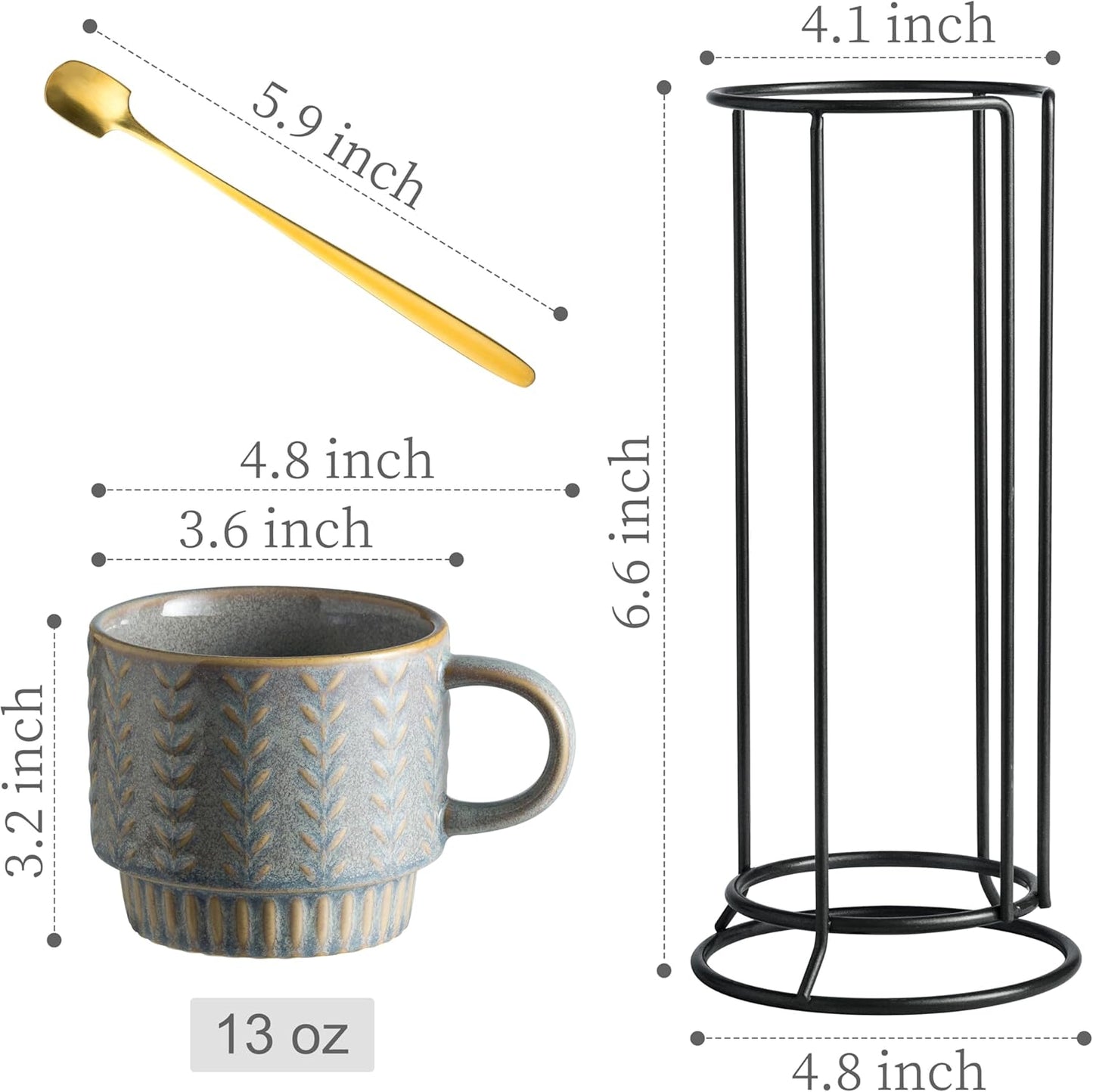 Coffee Mugs Set of 4 with Spoons & Stand, Stackable Espresso Cups 13oz Coffee Mug for Drinks Latte Cappuccino Tea, Coffee Cup for Women Men Couples Housewarming Birthday Gift, Dishwasher Safe