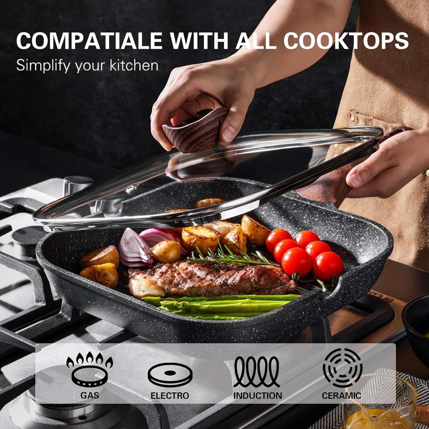 Kordisen Nonstick Grilling Pan with Lid for Stove Tops, 9.5 Inch Square Grill Pan for Indoor Cooking, Granite Coating Grill Skillet with Pour Spouts, Versatile Griddle, Induction Steak Pan, PFOA Free