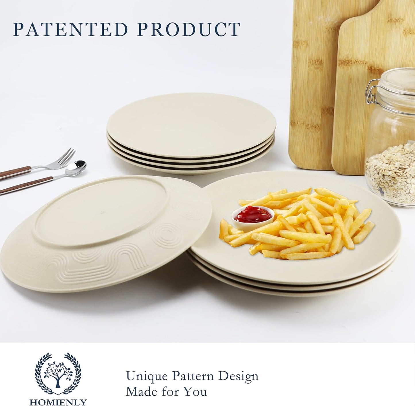 Homiely Dinner Plates Set of 8 - Wheat Straw, Microwave & Dishwasher Safe, Unbreakable, Kids Plates with Pattern (Beige, 9 inch)/Product of Alternative to Plastic