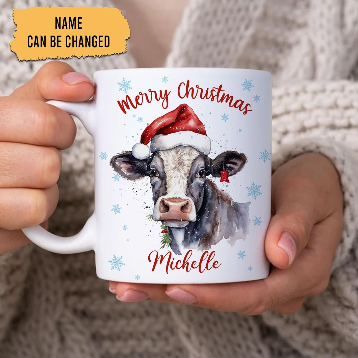 Hyturtle Personalized Gifts Cow Lover - Cow Wearing Santa Hat Custom Name Ceramic Coffee Mug Cup 11oz - Cute Animal Lovers Gifts For Women, Girl kids Family On Birthday, Christmas