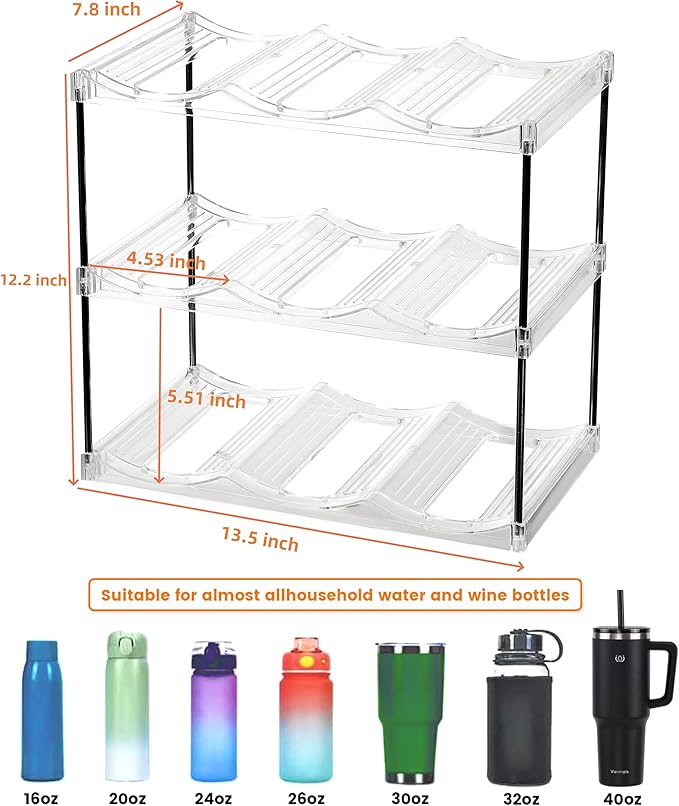 IEEK 3 Tier Stackable Wine and Water Bottle Holder Free-Standing Fridge Wine Bottle Organizers Clear Plastic Water Bottle Holder for Cabinet,Refrigerator,Pantry,Kitchen Countertops,Holds 9 Bottles
