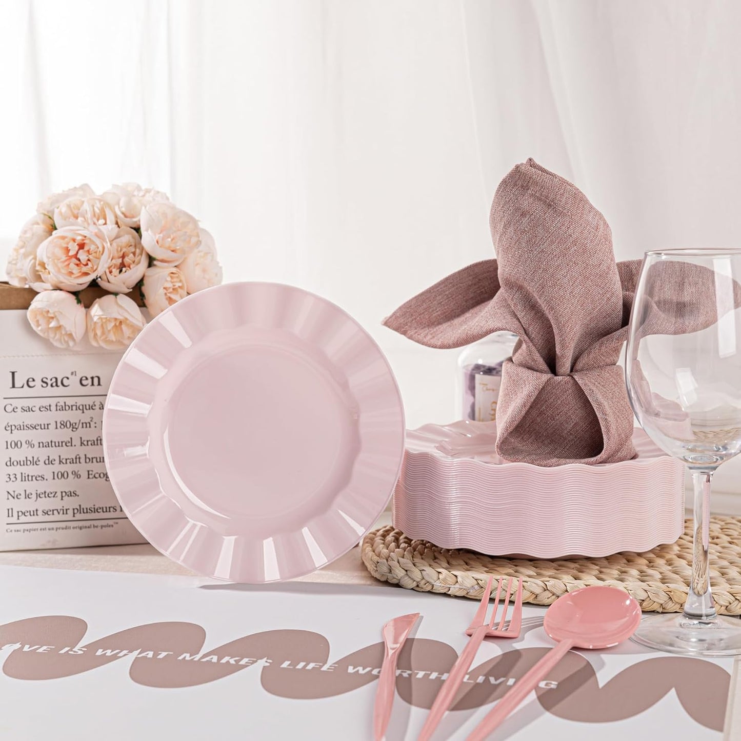 72 Pack Pink Plastic Plates, 10" Disposable Wave Dinner Plates Elegant Heavy Duty Serving Dishes for Party, Wedding, Thanksgiving, Christmas