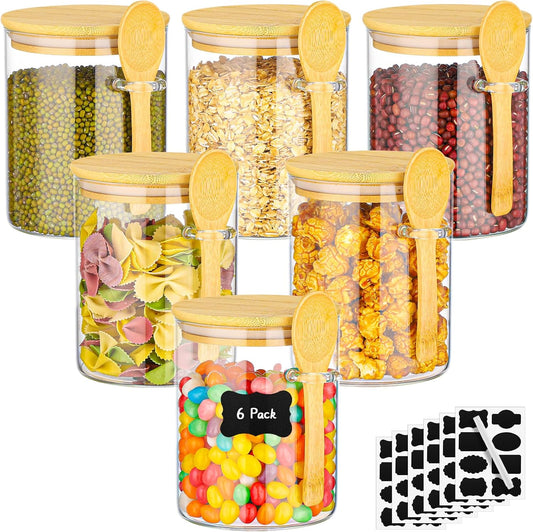 Glass Jars with Bamboo Lids and Spoon - 6 Pack 26 Fl.oz Round Glass Canister with Airtight Lid, Includes Labels and Marker, Flour Sugar Containers Jar for Loose Tea, Cereal, Coffee Bean, Cookie