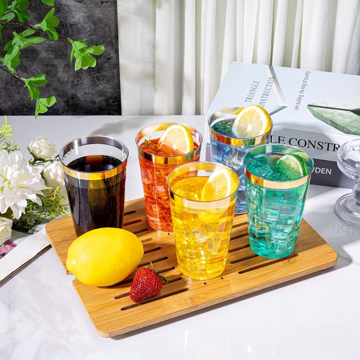 I00000 100 Pack 14 oz Gold Plastic Cups, Gold Disposable Cups Tumblers, Disposable Plastic Wine Glasses Cocktail Glasses Perfect for Wedding, Halloween, Thanksgiving, Christmas Parties