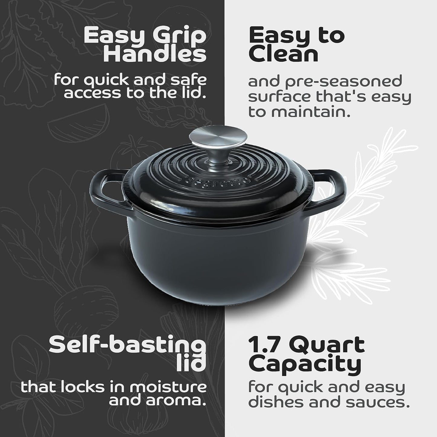 Segretto Cookware Enameled Dutch Oven Pot with Lid Cast Iron Nero (Black) 1.7 Quarts Enamel Small Cast Iron Dutch Oven for Bread Baking, Cooking