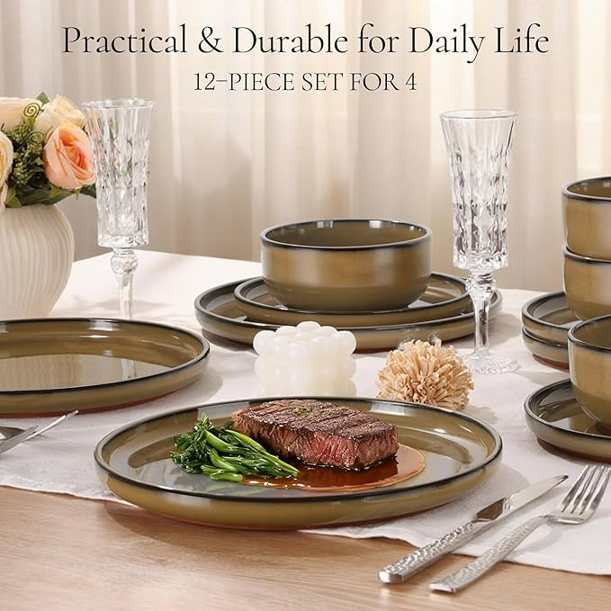 E-far Stoneware Dinnerware Sets for 4, 12 Pieces Reactive Glaze Plates and Bowls Sets, Elegant Dishes with Rustic Terracotta Base, Dishwasher & Microwave Safe, Scratch Resistant, Deep Camel