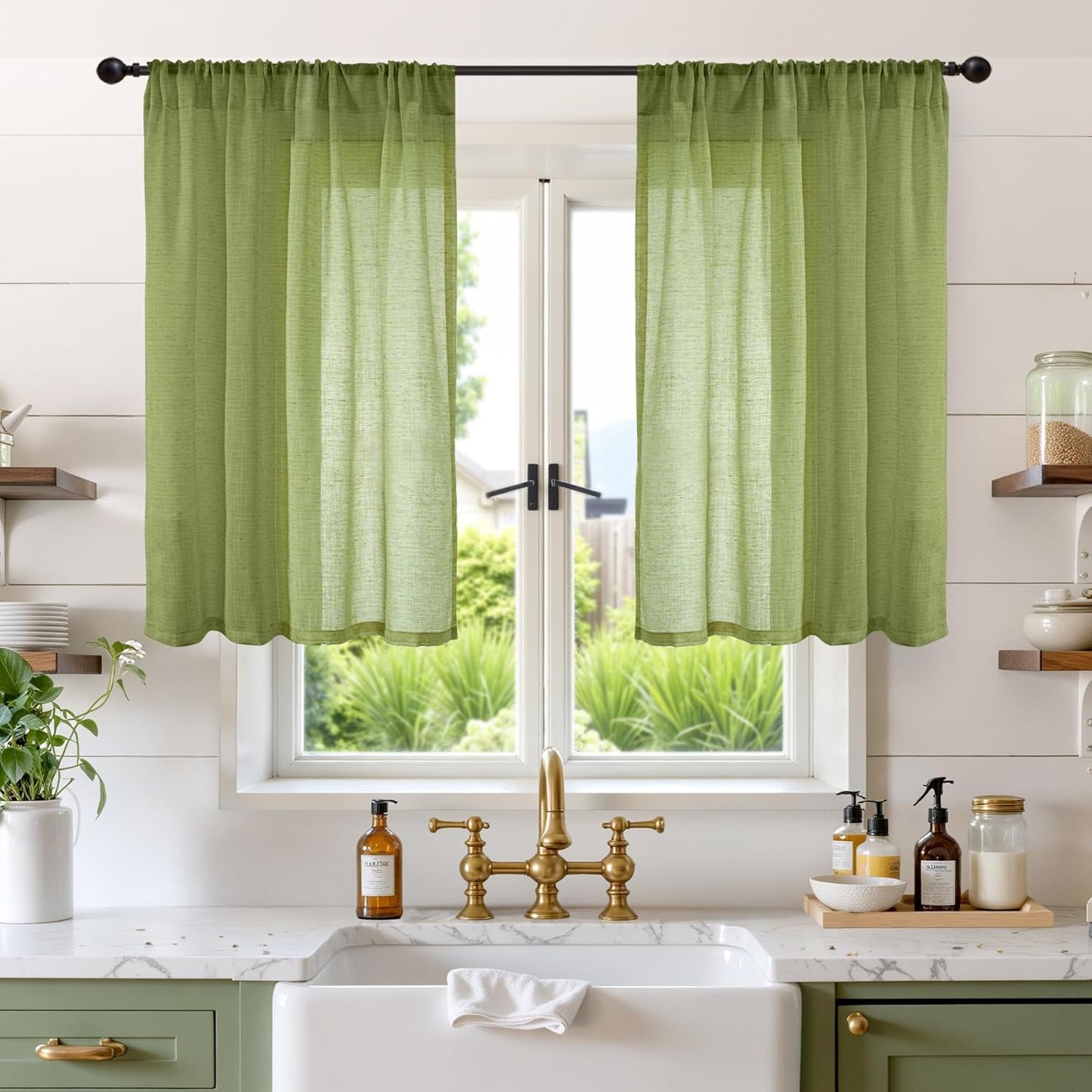 BGment Olive Green Linen Curtains 36 Inch Length for Short Kitchen Window - Rod Pocket Small Drapes Sheer Light Filtering for Cafe Bedroom Decor Lightweight Natural Rustic, 2 Panels Set, 42 X 36 Inch