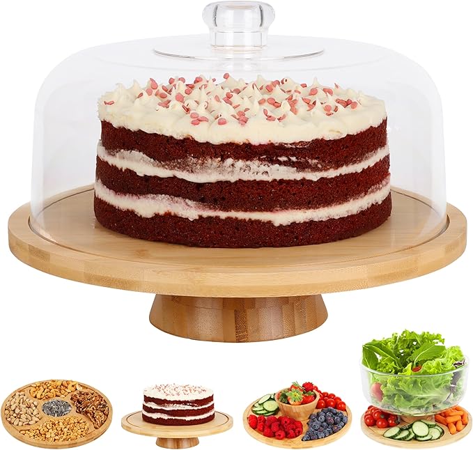 JOEY'Z 6 in 1 Large Bamboo Wood Cake Stand with Lid - Multiuse Wooden Cake Stand with Dome Acrylic Cake Cover/Cake Dome - Cake Holder With Lid - Bamboo Base Punch Bowl - Cake Stands