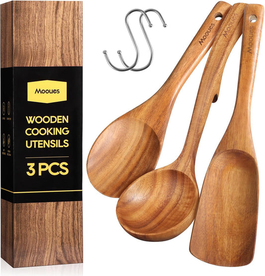 Wooden Spoons for Cooking, Wooden Utensils for Cooking Natural Teak Wooden Kitchen Utensils Set Comfort Grip (3 PCS)