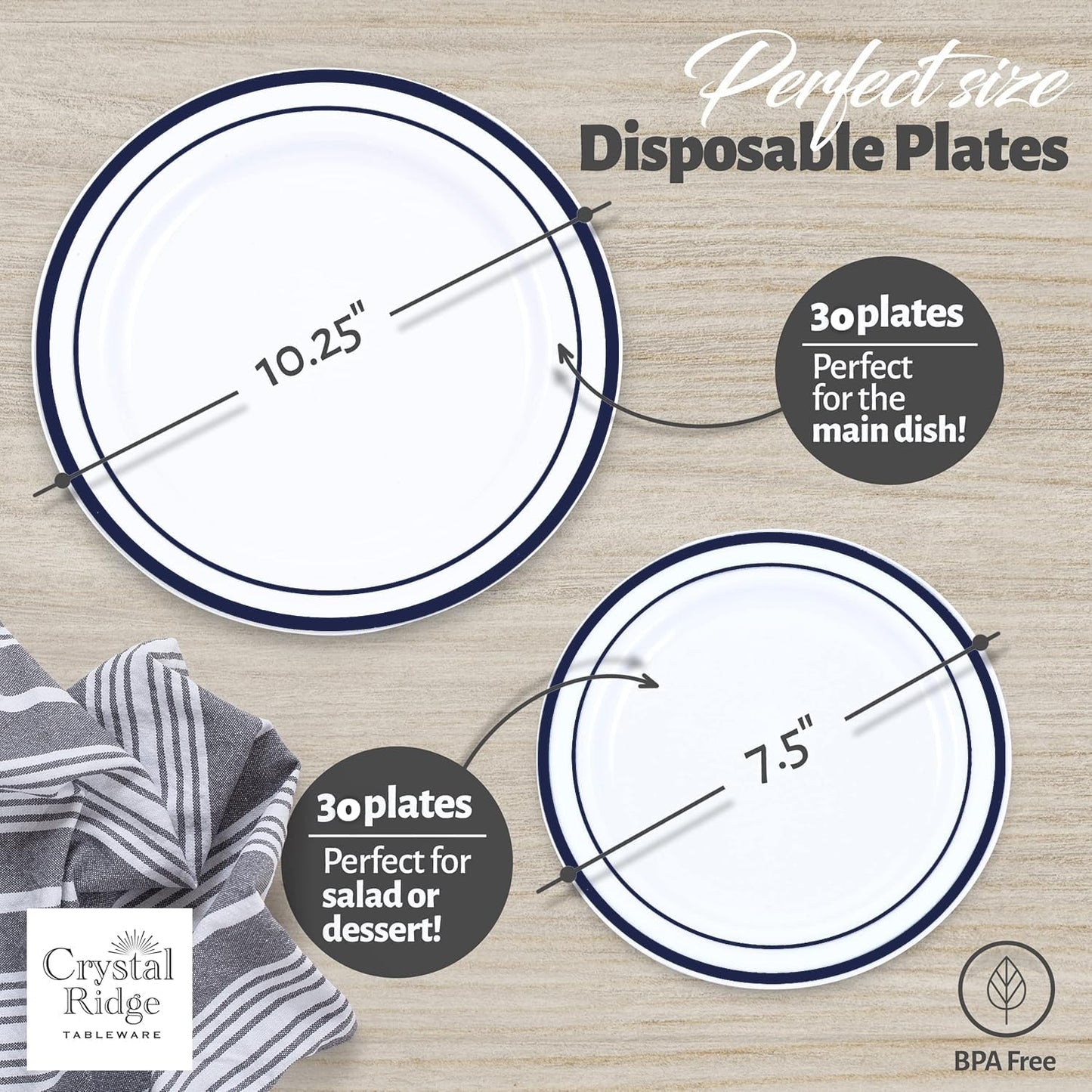 60 Pieces White Plastic Disposable Plates - Premium Heavy-Duty 30 Dinner Plates & 30 Salad Plates with Navy Rim Ideal for Party, Birthday and Special Events
