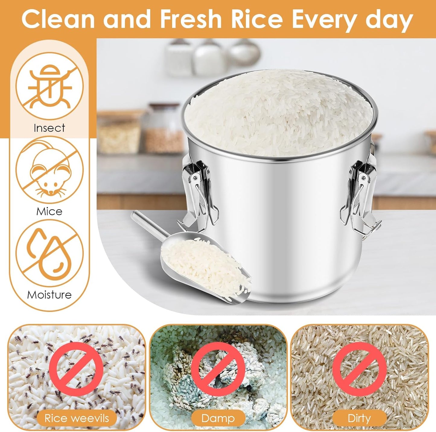 304 Stainless Steel Airtight Canister with Lids,20 lbs Large Capacity Food Storage Containers for Rice Flour Sugar Grain Coffee Bean,Airtight Canister for Kitchen & Pantry Organization