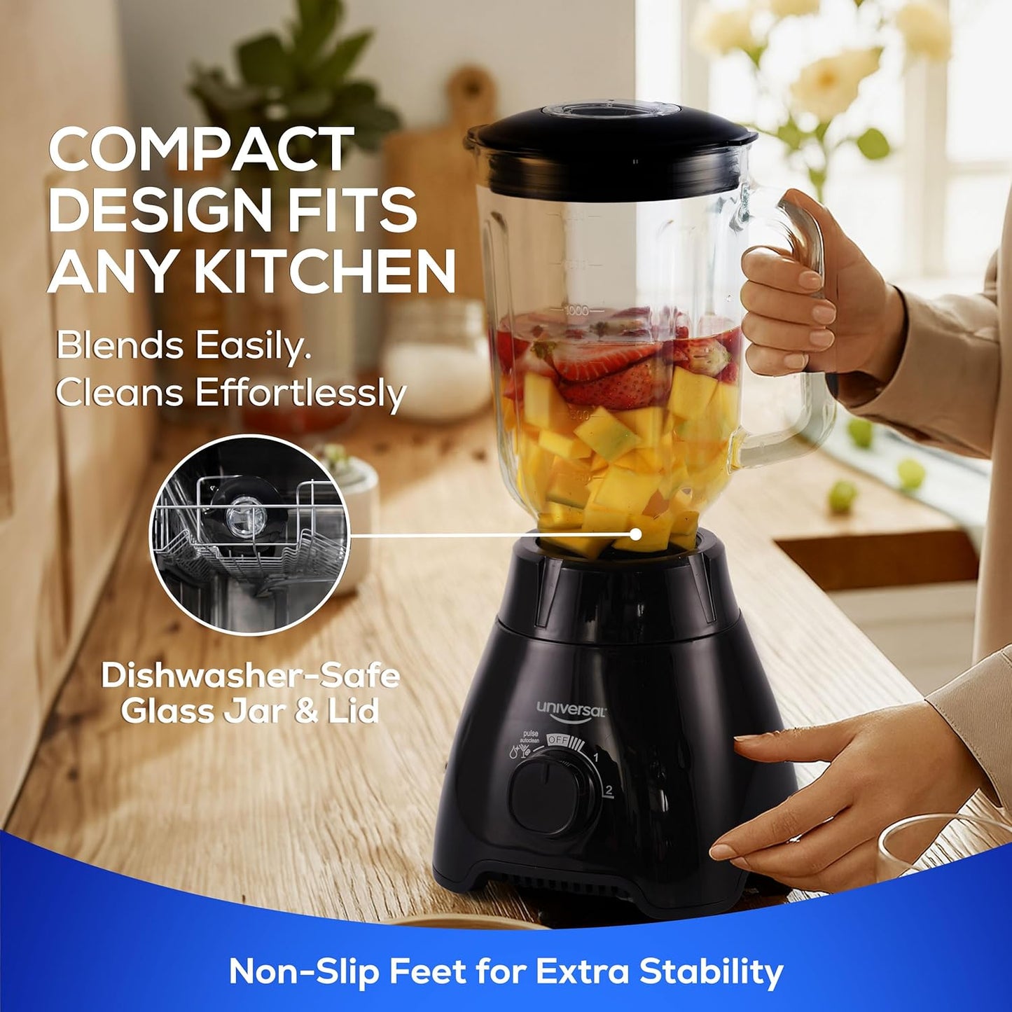 Universal 550W Mass Vital Blender - Glass Jar 57 Oz/1.8 Quart/1.7 Liter - 7-cup, 2 Speed + Pulse Function and 4 Stainless Steel Blade with Chrome Steel Technology