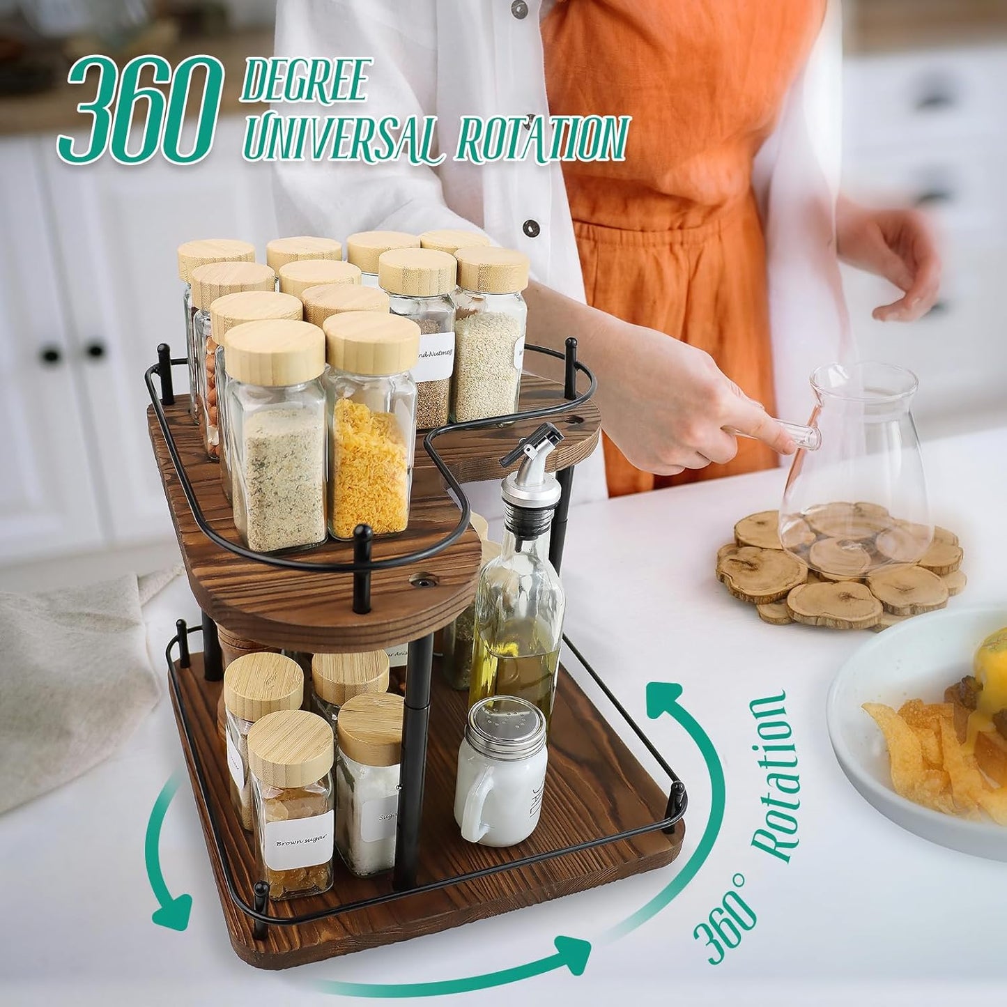 Wooden Spice Rack Organizer Lazy Susans Rotating Countertop 2 Tiered Display Shelf Kitchen Adjustable Height Spinning Spice Rack 11.8INCH Large Capacity Pine Wooden