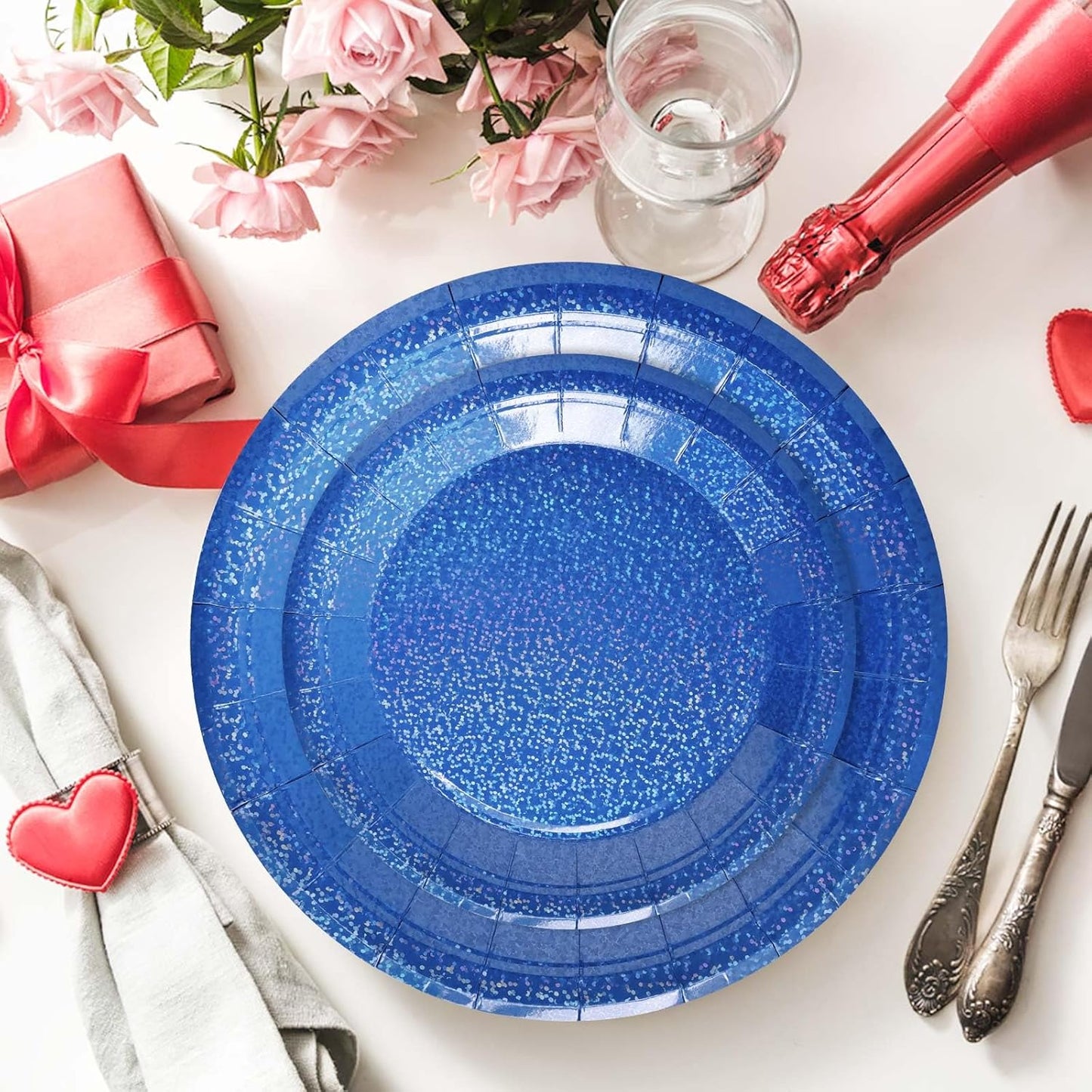 50 Pcs Iridescent Royal Blue Paper Plates 25 × 7'' and 25 × 9'' Disposable Blue Shiny Holographic Foil Dinner Plates for Wedding Baby Shower Birthday Disco Party Glitter Dessert Plate