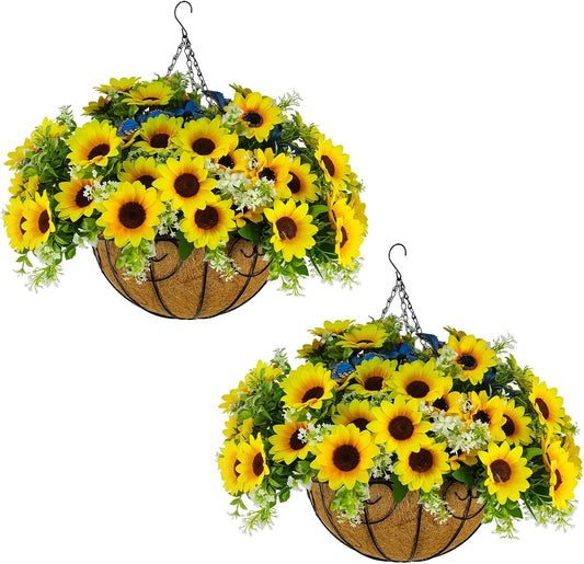 2 Pack Artificial Fake Fall Sunflower Plants Flowers for Outdoor Outside Decoration,12 Bundles Faux Silk Sunflowers UV Resistant Look Real No Fade for Front Door Porch Patio Yard Balcony Autumn Decor